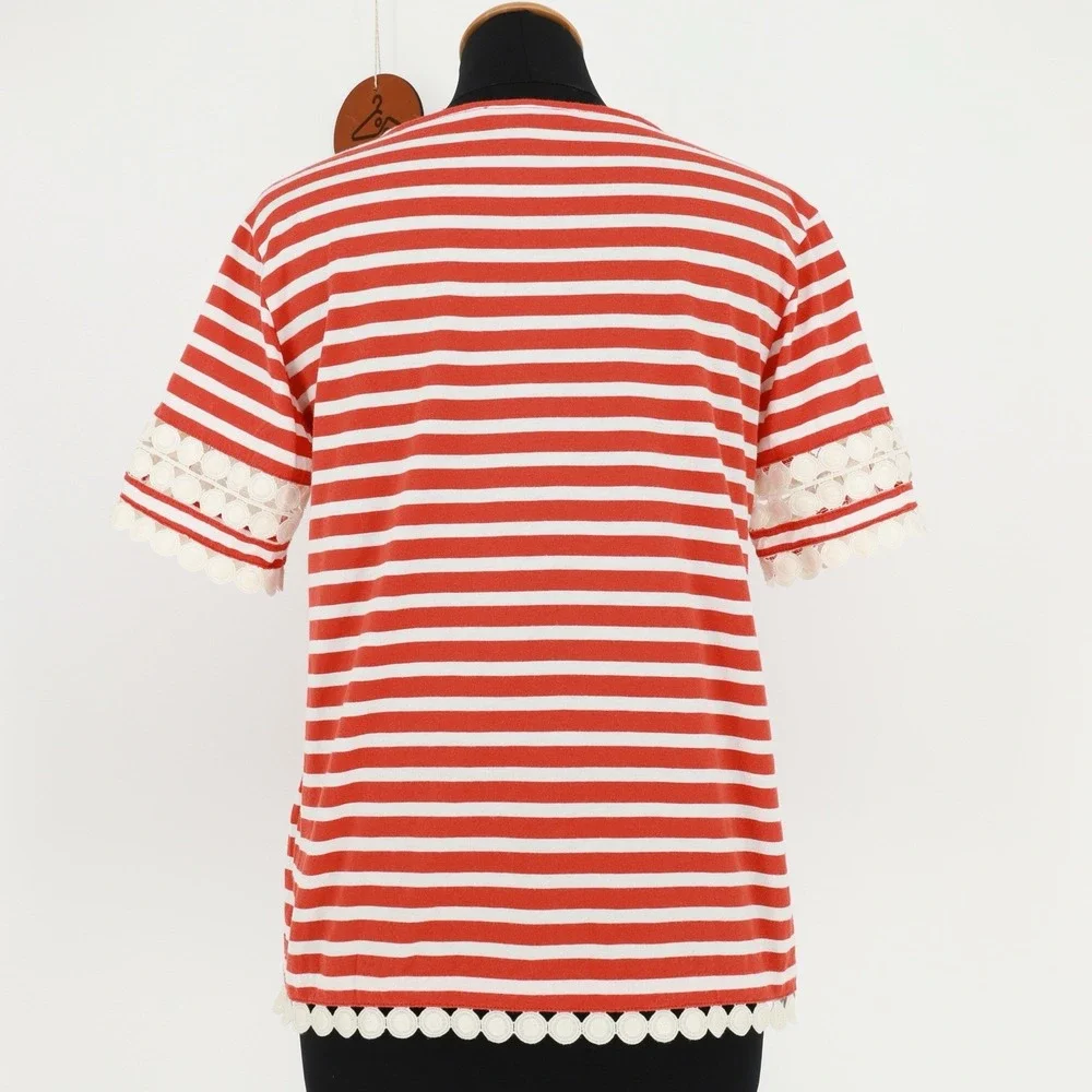 J. Crew Red White Stripe Lace Short Sleeve Crewneck Pullover Cotton Top F7534 XS